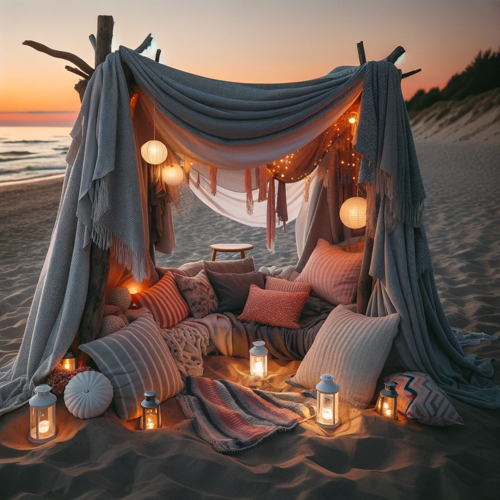 A cozy beach blanket fort on a sandy beach during sunset. The fort is made of oversized, lightweight blankets draped over driftwood and beach chairs, forming a canopy. Inside, there are plush cushions and throw pillows in various colors for lounging. Battery-operated lanterns and fairy lights are scattered inside, creating a magical, soft glow. The scene is peaceful, with the gentle sound of waves in the background, and the evening sky is painted with warm hues of orange and pink.