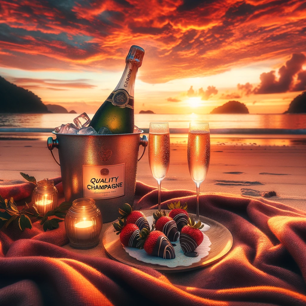 A romantic beach scene at sunset, with a bottle of quality champagne chilled in an ice bucket and strawberries dipped in chocolate. The background shows a breathtaking sunset over the ocean. In the foreground, a cozy blanket is spread out on the sand, with two champagne glasses ready to toast. The sky is ablaze with vibrant colors reflecting the setting sun, and the ambiance is peaceful and intimate, perfect for a romantic celebration.