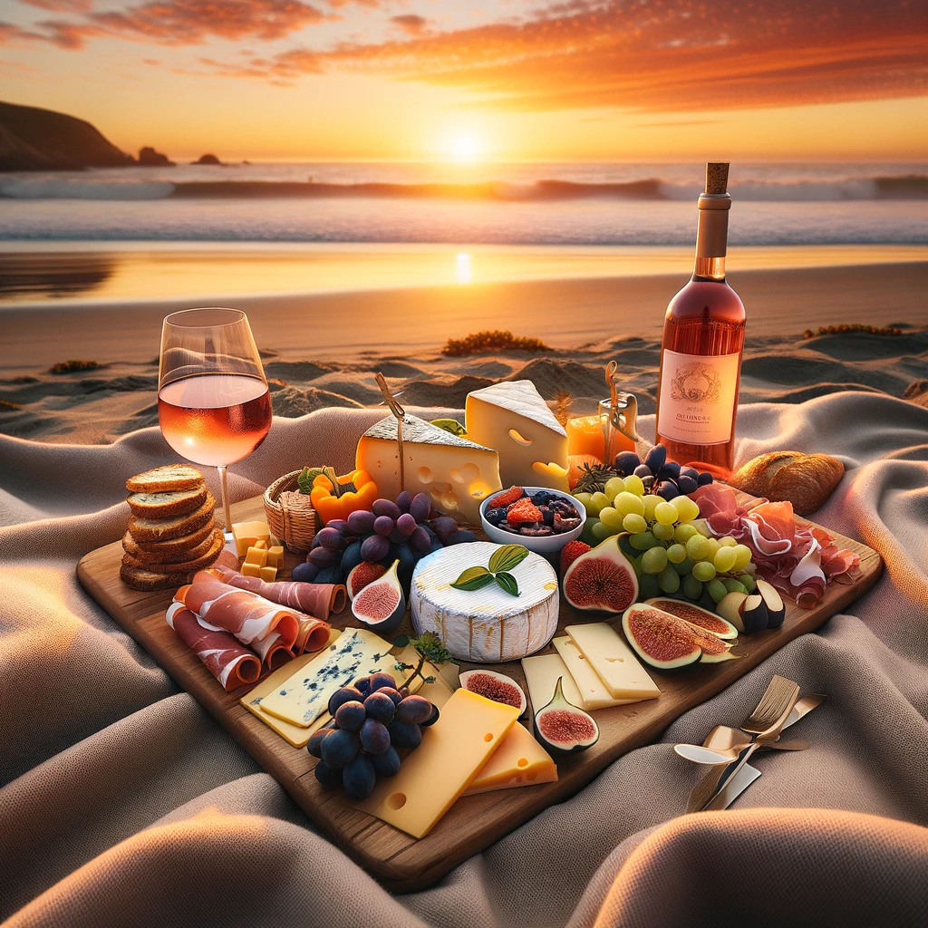 A romantic beach picnic at sunset with a soft blanket spread out on the sand. In the center, a beautifully arranged charcuterie board featuring gourmet cheeses like brie, gouda, and aged cheddar, assorted meats such as prosciutto, salami, and smoked turkey, and a variety of fruits including grapes, figs, and pear slices. Artisanal bread and crackers are also present on the board. Nearby, a bottle of chilled rosé or rich cabernet sauvignon wine sits, with the sunset sky's vibrant colors reflecting over the serene beach setting. The scene captures a perfect blend of culinary delight and natural beauty.