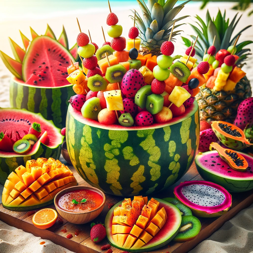 A vibrant and colorful tropical fruit feast arrangement featuring a carved-out watermelon and pineapple serving as unique bowls for fruit salad. The feast includes an assortment of fruits like kiwi, papaya, dragon fruit, and lychee. Fresh fruit skewers are drizzled with honey and sprinkled with chili powder, adding an extra zing. This visually appealing setup serves as an instagram-worthy centerpiece for a beach picnic, showcasing a feast for both the taste buds and the eyes.
