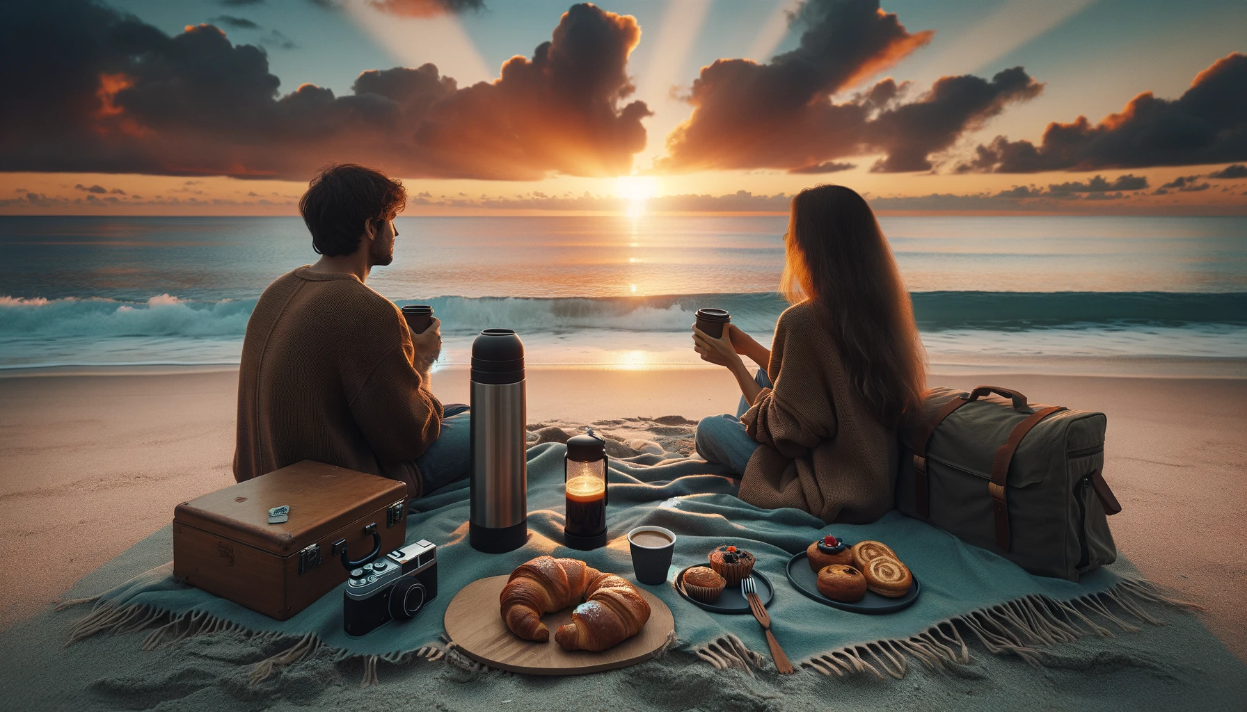 A serene sunrise over the ocean, with a couple enjoying a coffee date on the beach. They have a thermos and a portable french press, with freshly baked pastries like croissants and muffins nearby. A cozy blanket is spread out on the sand, and a portable speaker is playing soft, ambient music. The sky is gradually lighting up with spectacular colors of the sunrise, and the peaceful sound of waves is in the background. The scene conveys an intimate and memorable start to the day.