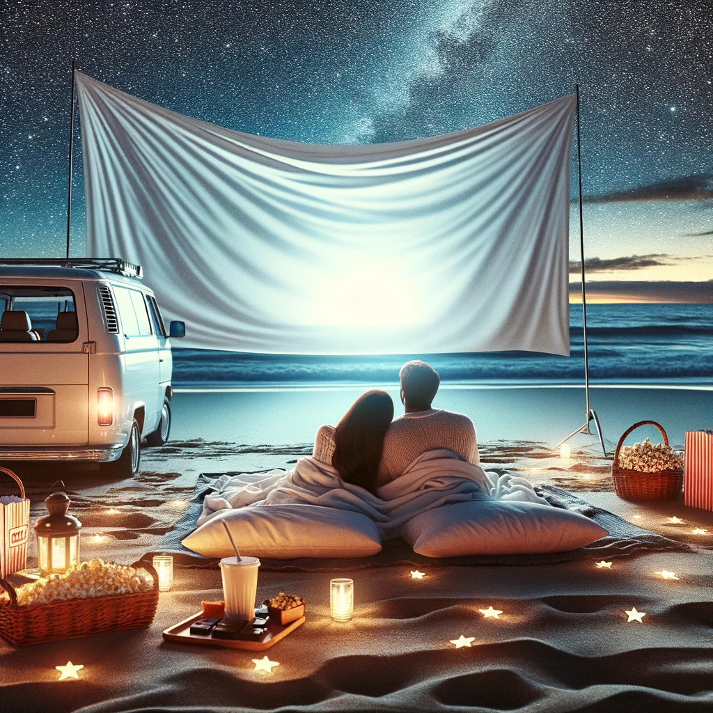 An image of a romantic starlight movie night on a beach. A large white sheet is set up on the side of a van, serving as a screen for a portable projector. The scene is illuminated by starlight and a soft glow from the projector. A couple is snuggled up under blankets and pillows, watching a film that has a love story theme. Next to them is a basket filled with classic cinema snacks like popcorn, chocolate, and soft drinks. The background features a gentle sea breeze and the soothing sound of waves, enhancing the romantic atmosphere.