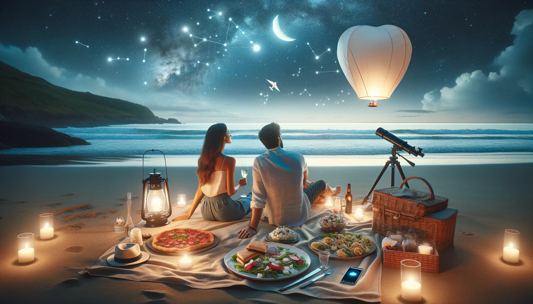 A serene beach scene at night with a couple having a picnic under a starlit sky. They're sitting on a comfortable blanket on the sand, surrounded by a telescope and a smartphone displaying a stargazing app. The picnic includes gourmet sandwiches, pasta salad, and chocolate truffles. Nearby, a softly glowing wish lantern is being released into the sky, symbolizing shared hopes and dreams. The night sky is beautifully clear, showcasing constellations and planets, creating an intimate and romantic atmosphere.