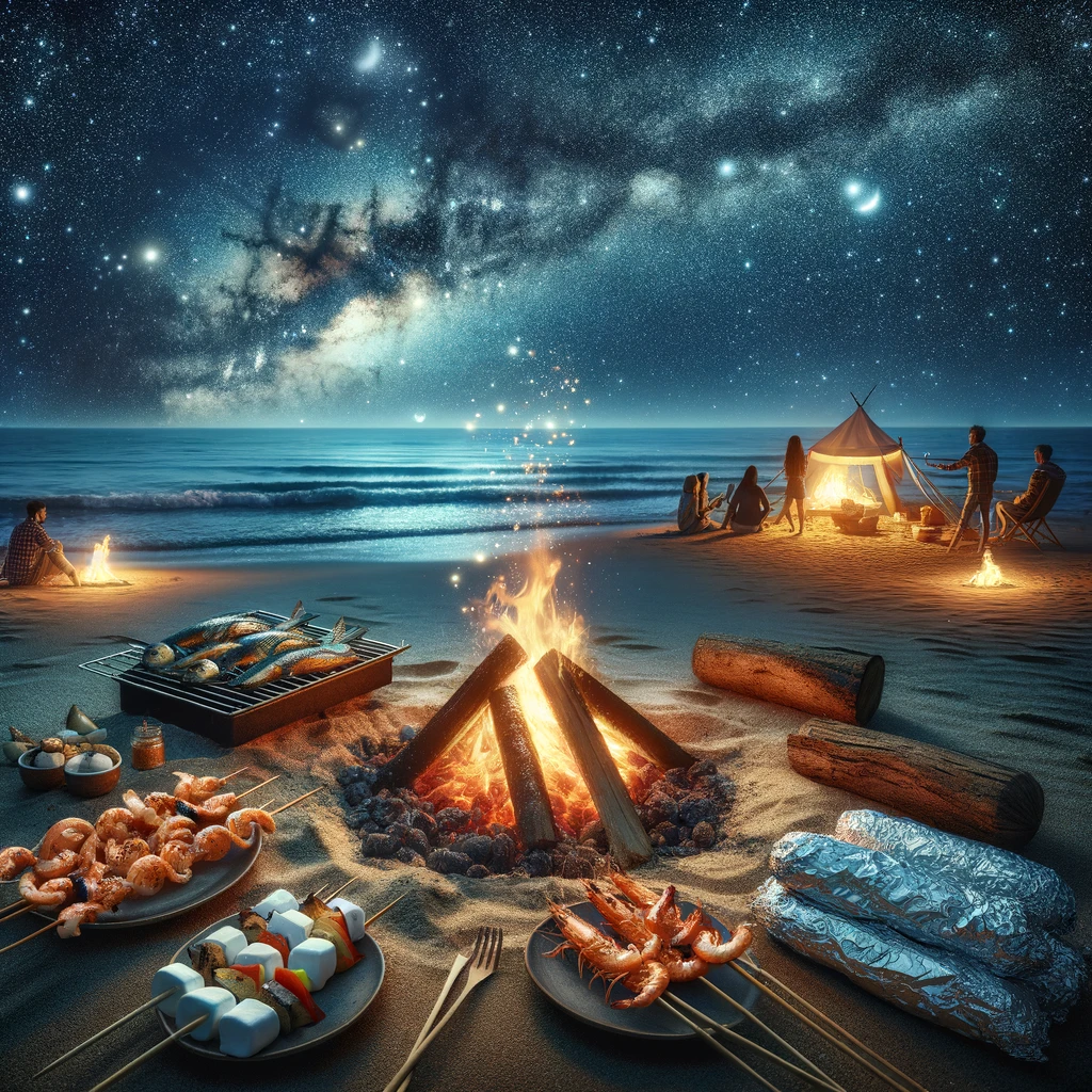 A cozy beach scene at night featuring a small bonfire under a starry sky, with gentle waves in the background. The bonfire crackles softly, enhancing the enchanting atmosphere. Nearby, a group of friends is grilling seafood, with shrimp and fish skewers over the fire, and foil-wrapped potatoes buried in the coals. In the foreground, someone is toasting marshmallows over the embers, preparing to make s’mores with graham crackers and chocolate. The scene conveys a sense of warmth, relaxation, and a delightful culinary experience, following safety guidelines and preserving the beach's beauty.