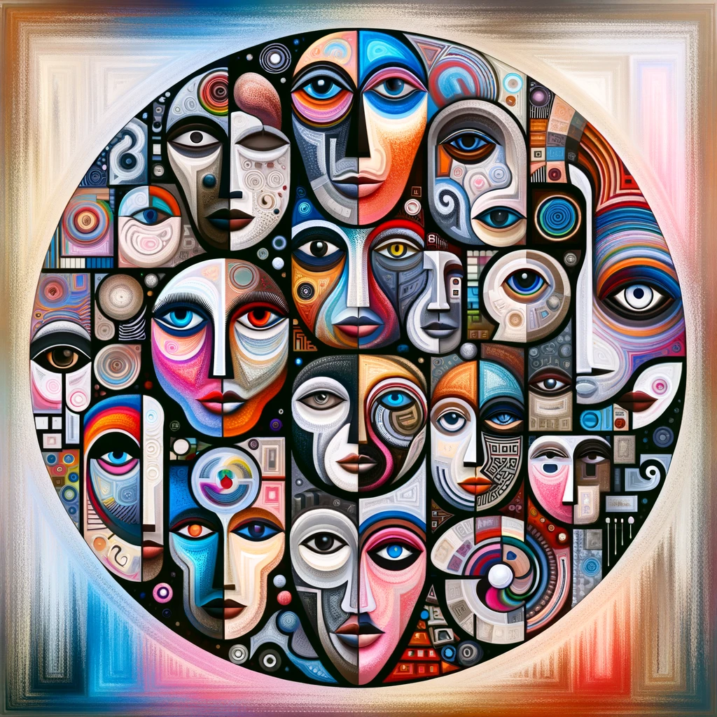 A conceptual abstract image representing societal pressures and stereotypes regarding beauty standards. The image features a diverse array of abstract faces, with varying shapes, colors, and features that challenge conventional beauty norms. Each face is unique, highlighting the diversity of beauty across different cultures and societies. The background is a collage of various cultural symbols and abstract patterns, representing the wide spectrum of societal influences. This image is a metaphor for the concept of an 'ugly husband', illustrating the arbitrary nature of beauty standards imposed by society.